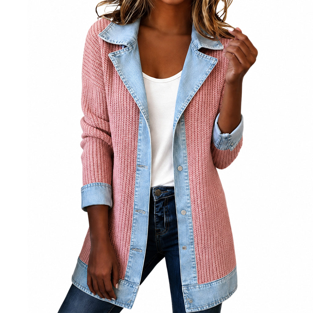 Women's Denim Patchwork Knit Cardigan Jacket