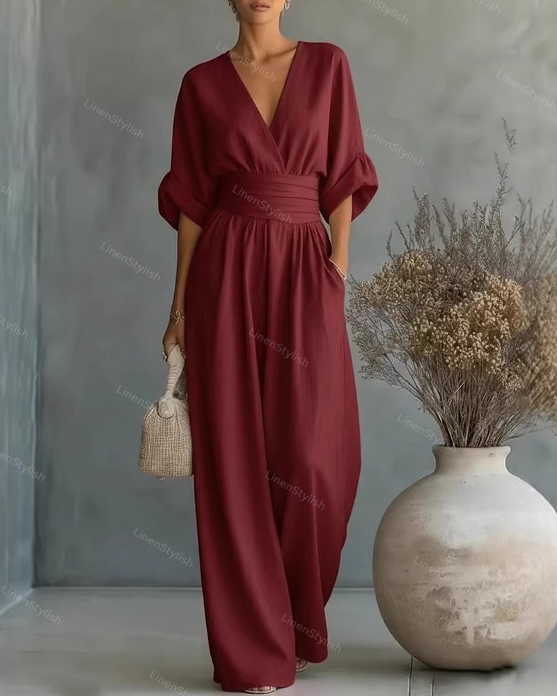 Women's Essential V-Neck Waist-Defining Jumpsuit