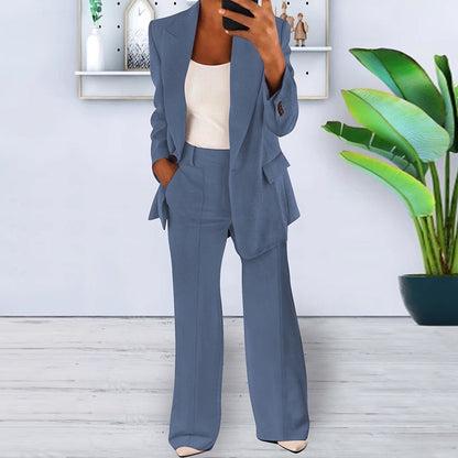 Soft Tailored Blazer & Wide-Leg Pants Set – 2-Piece Casual Suit