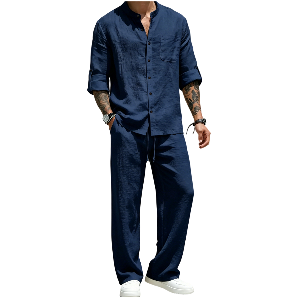 💝💝Men's Linen Stand Collar Long Sleeve Button Shirt & Straight Leg Belted Pants Set