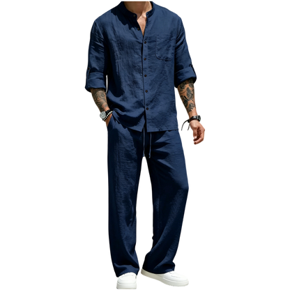 💝💝Men's Linen Stand Collar Long Sleeve Button Shirt & Straight Leg Belted Pants Set