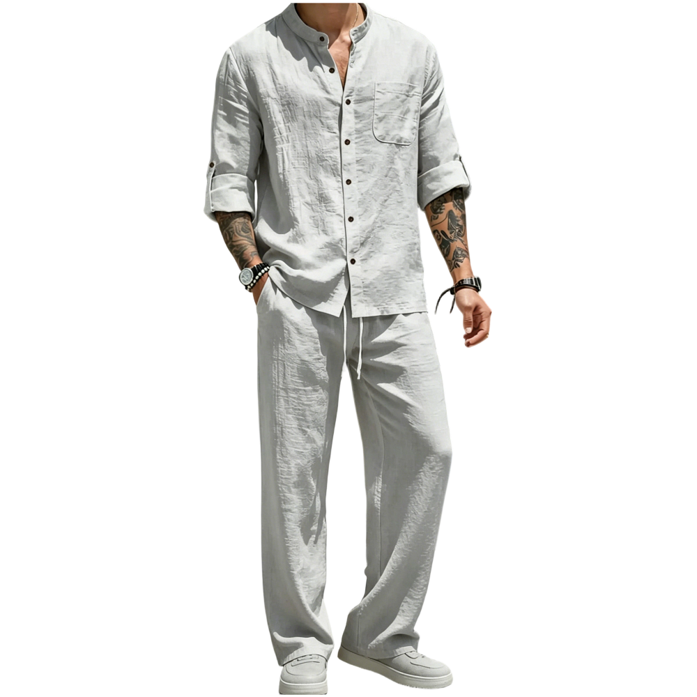 💝💝Men's Linen Stand Collar Long Sleeve Button Shirt & Straight Leg Belted Pants Set