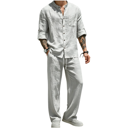 💝💝Men's Linen Stand Collar Long Sleeve Button Shirt & Straight Leg Belted Pants Set