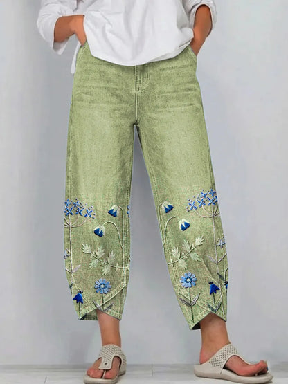 💝💝Women's cotton trousers with floral print in a boho style, casual, with an artistic pattern