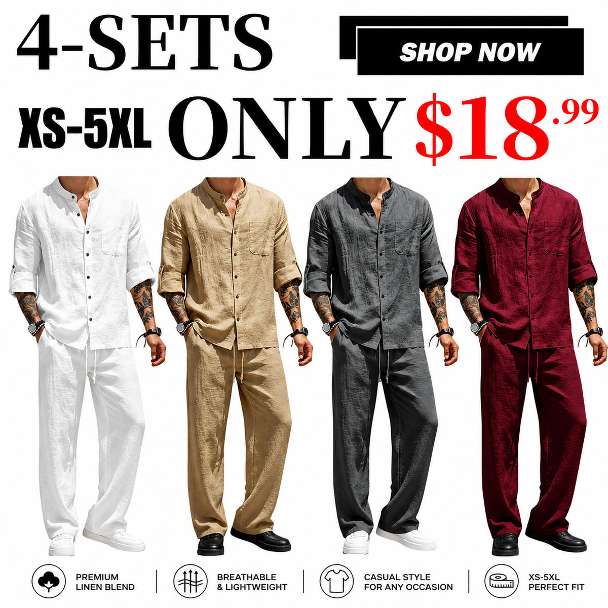 💝💝Men's Linen Stand Collar Long Sleeve Button Shirt & Straight Leg Belted Pants Set