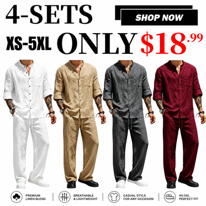 💝💝Men's Linen Stand Collar Long Sleeve Button Shirt & Straight Leg Belted Pants Set