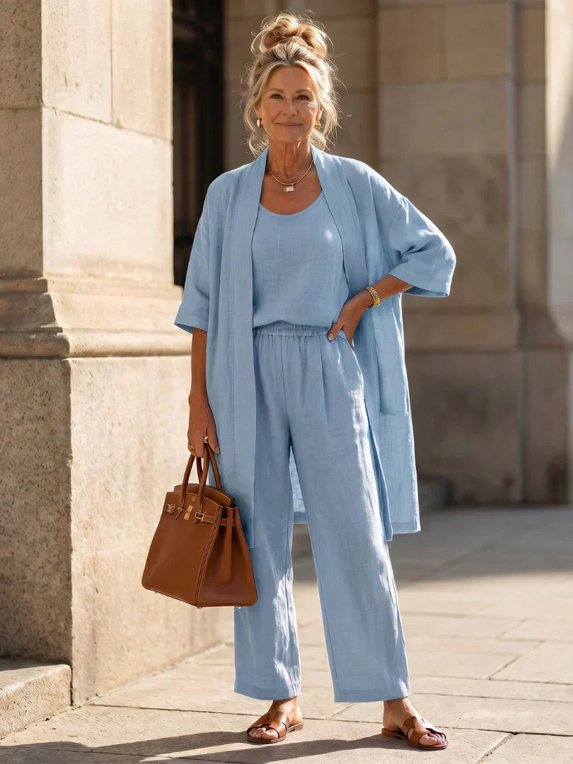 Women's Elegant 3 Piece Linen Set With Wide Leg Pants