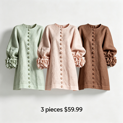 🔥1 pc $19.99！💝💝White Floral Button-down Mini Dress With Striking Floral Cuffs