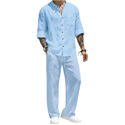 💝💝Men's Linen Stand Collar Long Sleeve Button Shirt & Straight Leg Belted Pants Set