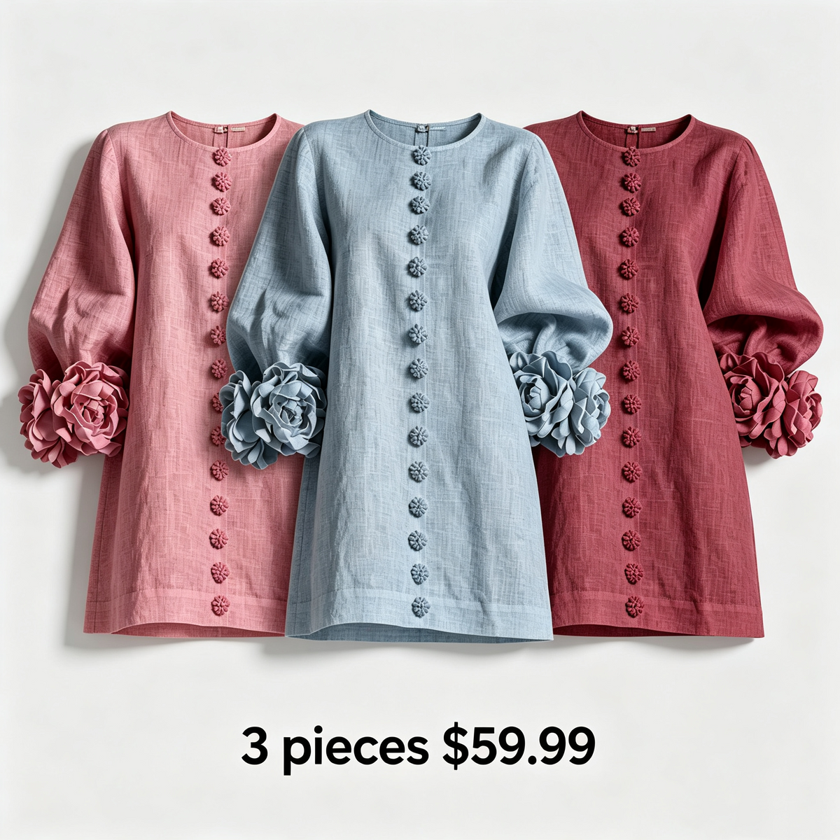 🔥1 pc $19.99！💝💝White Floral Button-down Mini Dress With Striking Floral Cuffs
