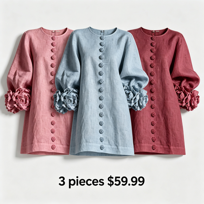 🔥1 pc $19.99！💝💝White Floral Button-down Mini Dress With Striking Floral Cuffs