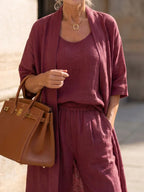 Women's Elegant 3 Piece Linen Set With Wide Leg Pants