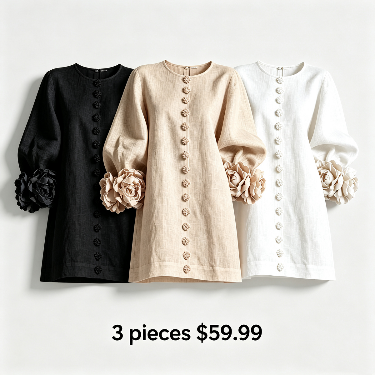 🔥1 pc $19.99！💝💝White Floral Button-down Mini Dress With Striking Floral Cuffs