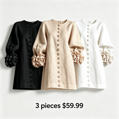 🔥1 pc $19.99！💝💝White Floral Button-down Mini Dress With Striking Floral Cuffs