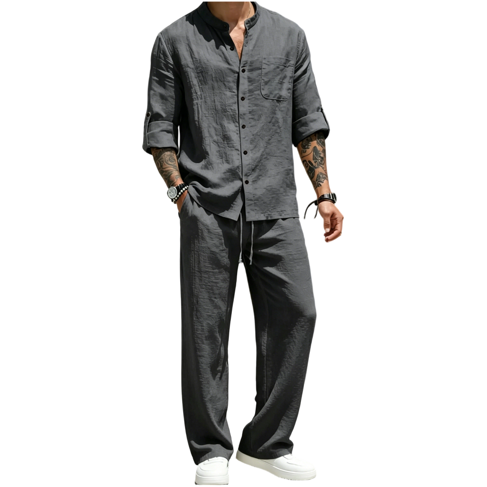 💝💝Men's Linen Stand Collar Long Sleeve Button Shirt & Straight Leg Belted Pants Set