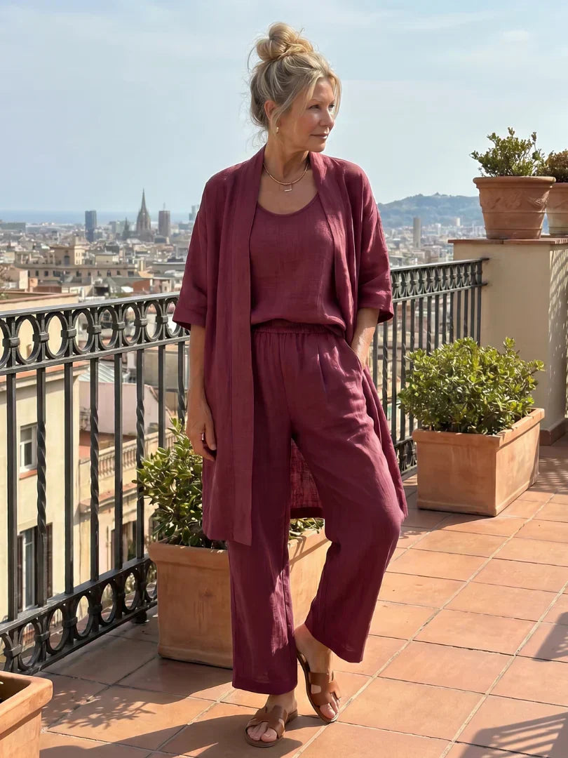 Women's Elegant 3 Piece Linen Set With Wide Leg Pants