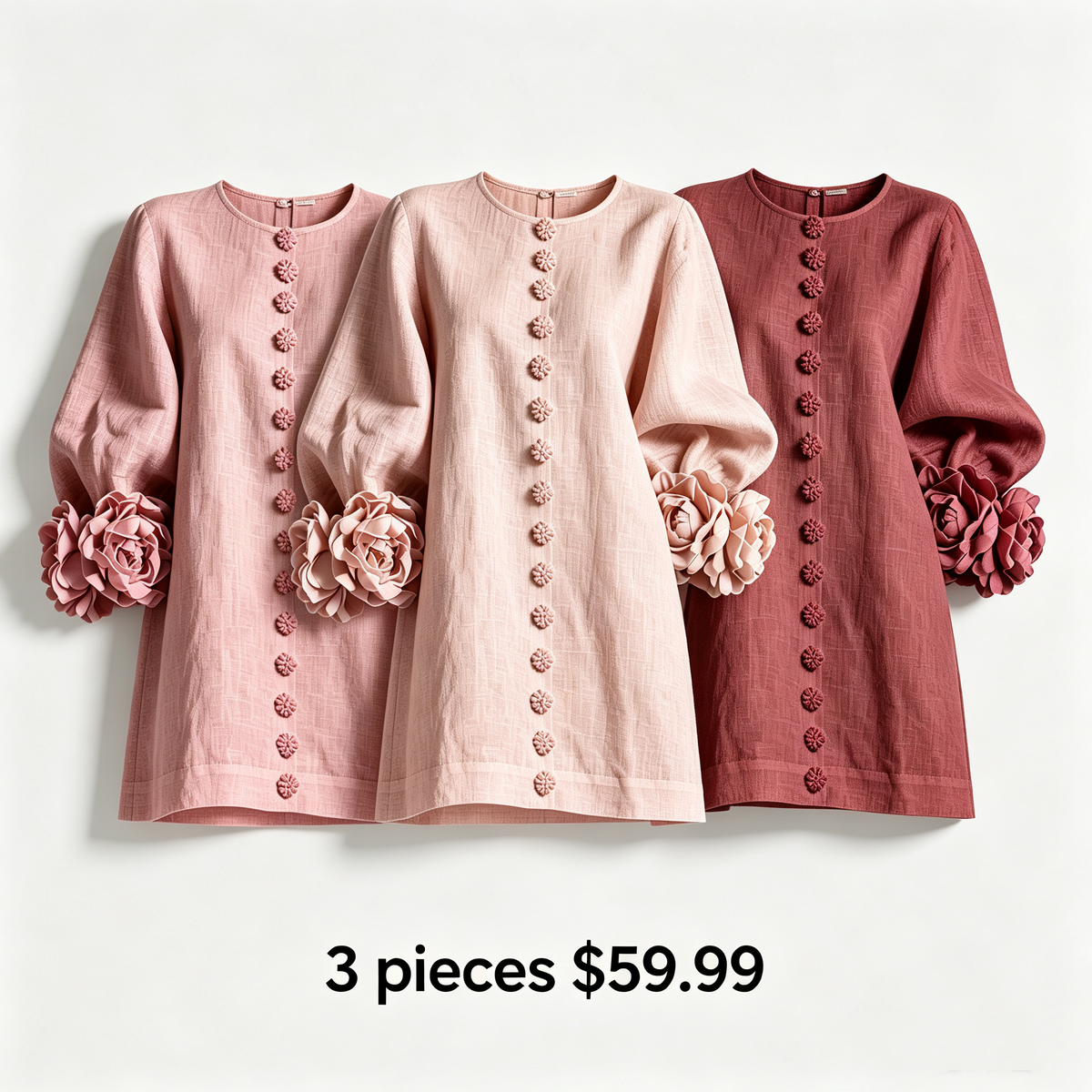 🔥1 pc $19.99！💝💝White Floral Button-down Mini Dress With Striking Floral Cuffs