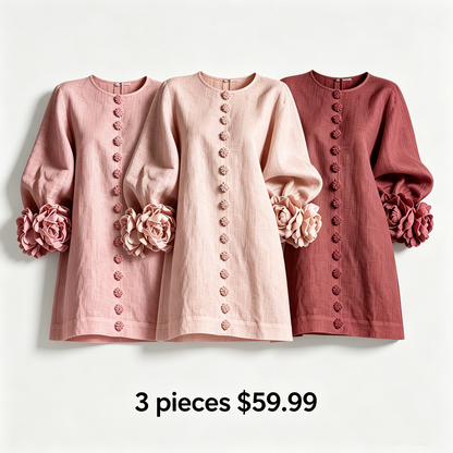 🔥1 pc $19.99！💝💝White Floral Button-down Mini Dress With Striking Floral Cuffs