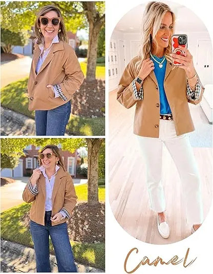 Women's Cropped Trench Coat – Classic Lightweight Jacket with Checkered Lining