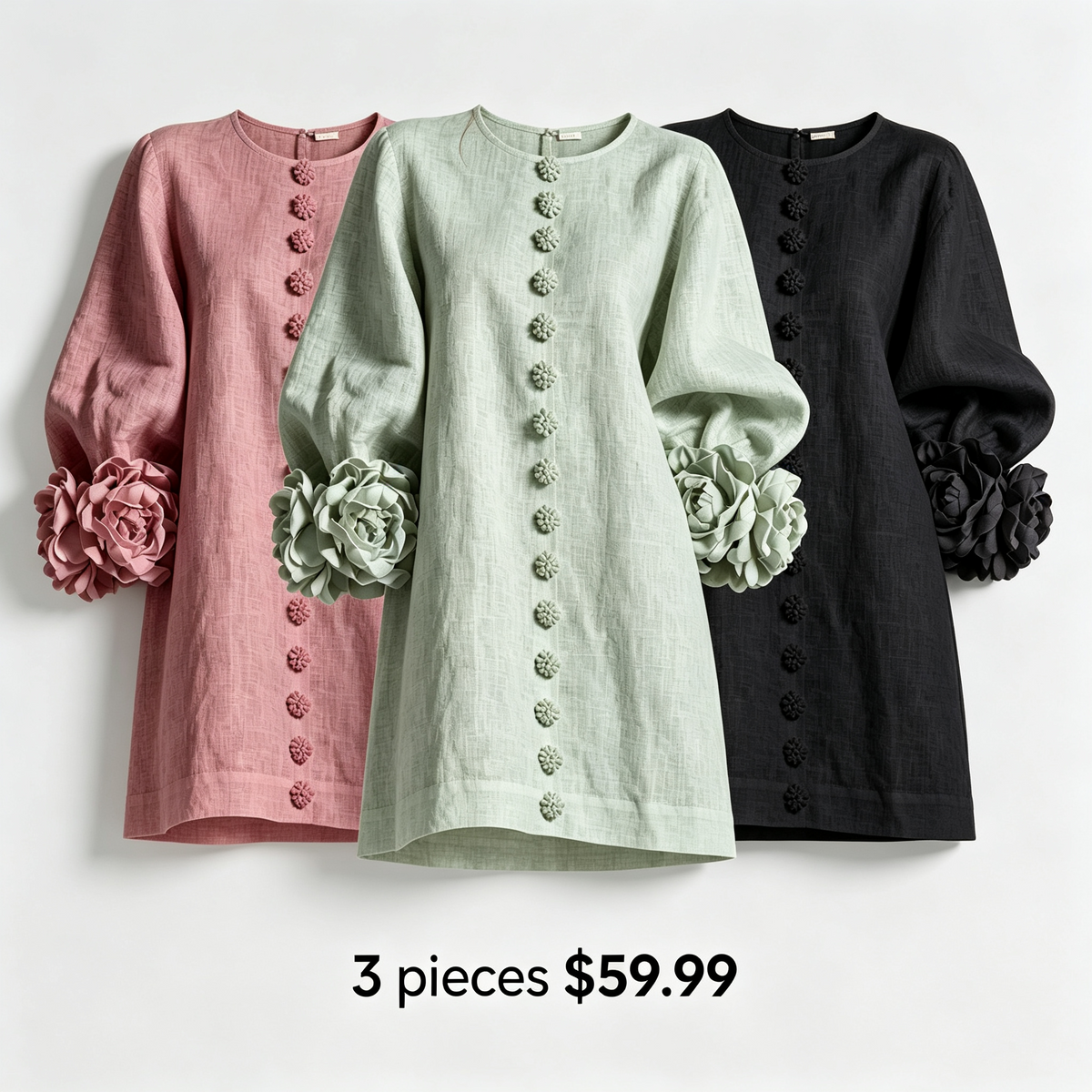 🔥1 pc $19.99！💝💝White Floral Button-down Mini Dress With Striking Floral Cuffs