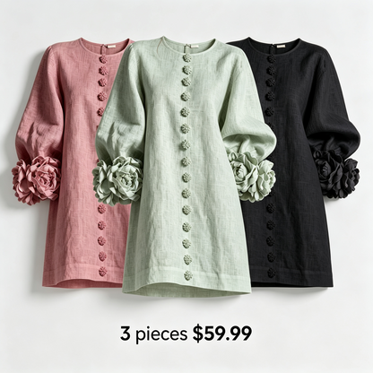 🔥1 pc $19.99！💝💝White Floral Button-down Mini Dress With Striking Floral Cuffs