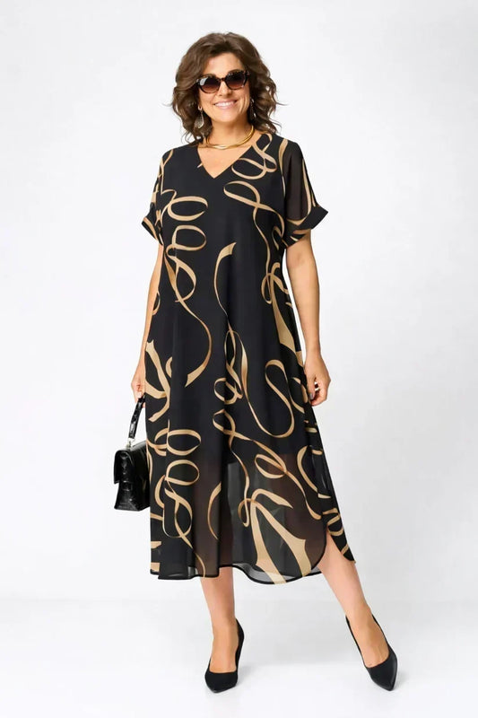 Women's Elegant V Neck Printed Midi Dress