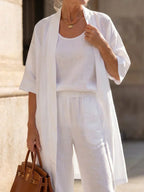 Women's Elegant 3 Piece Linen Set With Wide Leg Pants