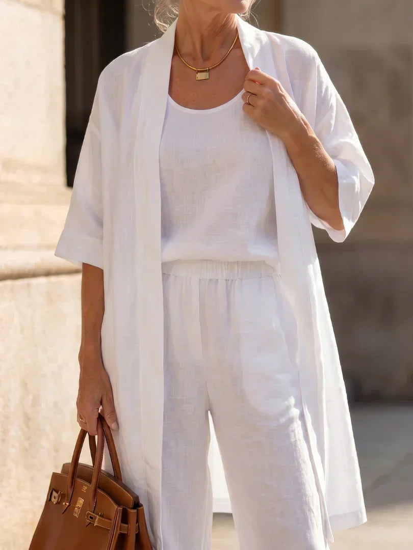 Women's Elegant 3 Piece Linen Set With Wide Leg Pants