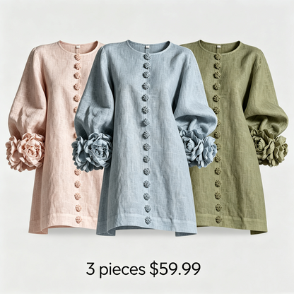 🔥1 pc $19.99！💝💝White Floral Button-down Mini Dress With Striking Floral Cuffs