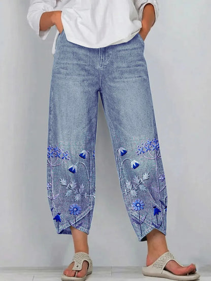 💝💝Women's cotton trousers with floral print in a boho style, casual, with an artistic pattern