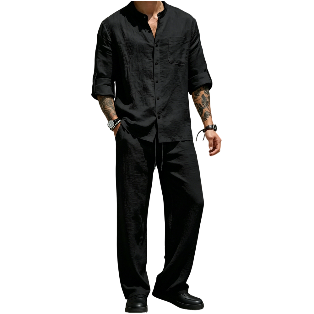 💝💝Men's Linen Stand Collar Long Sleeve Button Shirt & Straight Leg Belted Pants Set