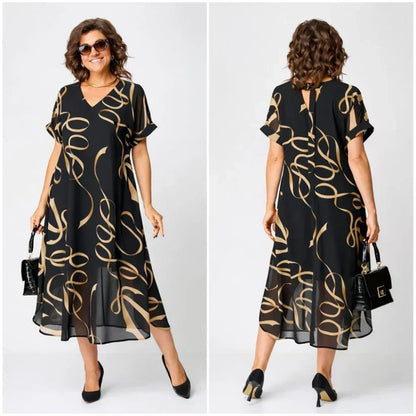 Women's Elegant V Neck Printed Midi Dress