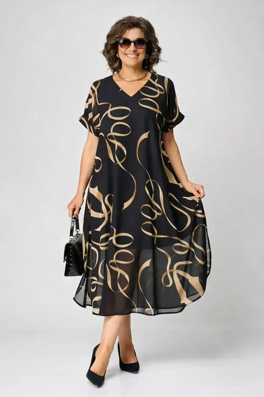 Women's Elegant V Neck Printed Midi Dress