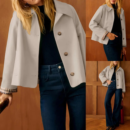 Women's Cropped Trench Coat – Classic Lightweight Jacket with Checkered Lining