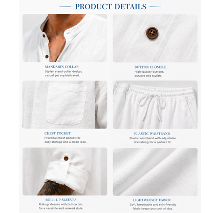 💝💝Men's Linen Stand Collar Long Sleeve Button Shirt & Straight Leg Belted Pants Set