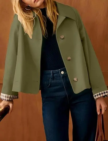 Women's Cropped Trench Coat – Classic Lightweight Jacket with Checkered Lining