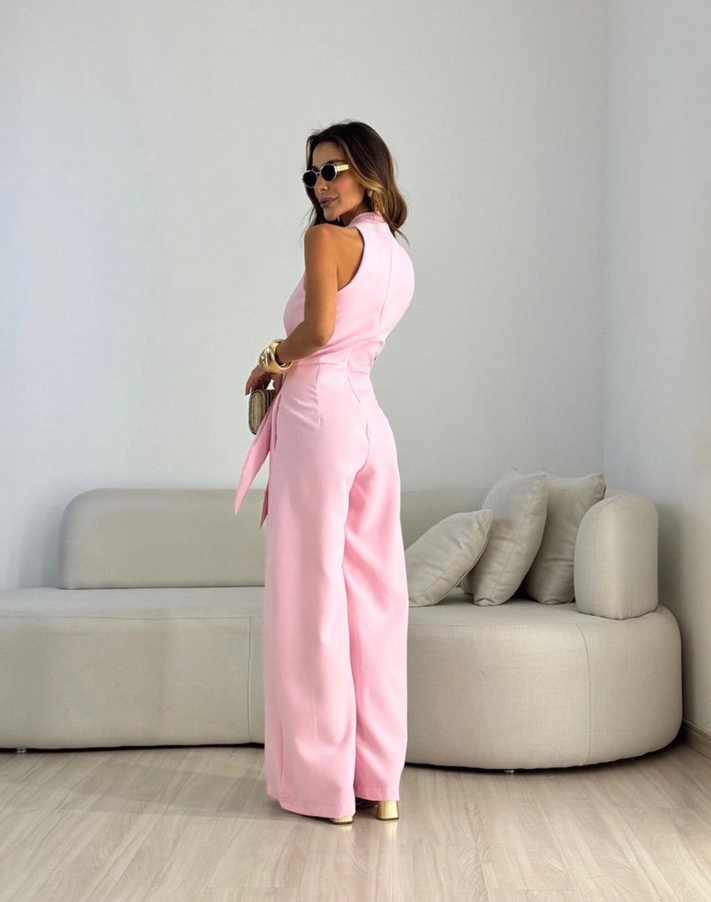 Women's Elegant Wide Leg Jumpsuit With Waist Tie