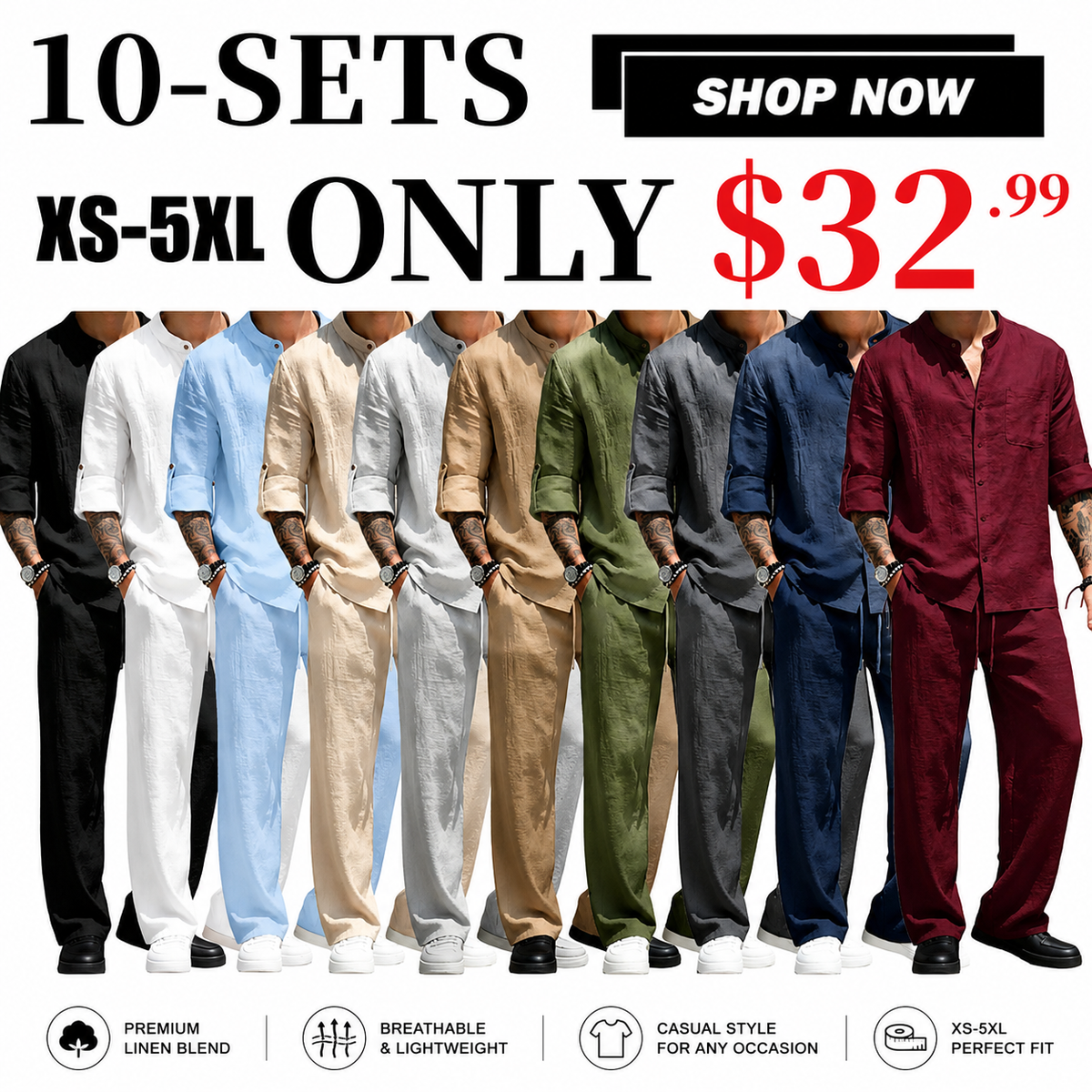 💝💝Men's Linen Stand Collar Long Sleeve Button Shirt & Straight Leg Belted Pants Set