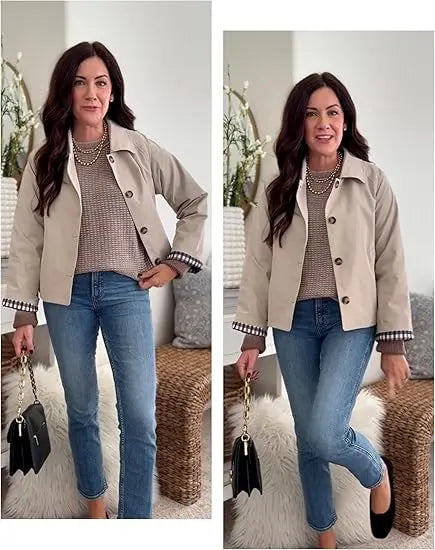 Women's Cropped Trench Coat – Classic Lightweight Jacket with Checkered Lining