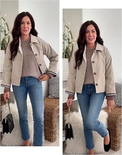 Women's Cropped Trench Coat – Classic Lightweight Jacket with Checkered Lining