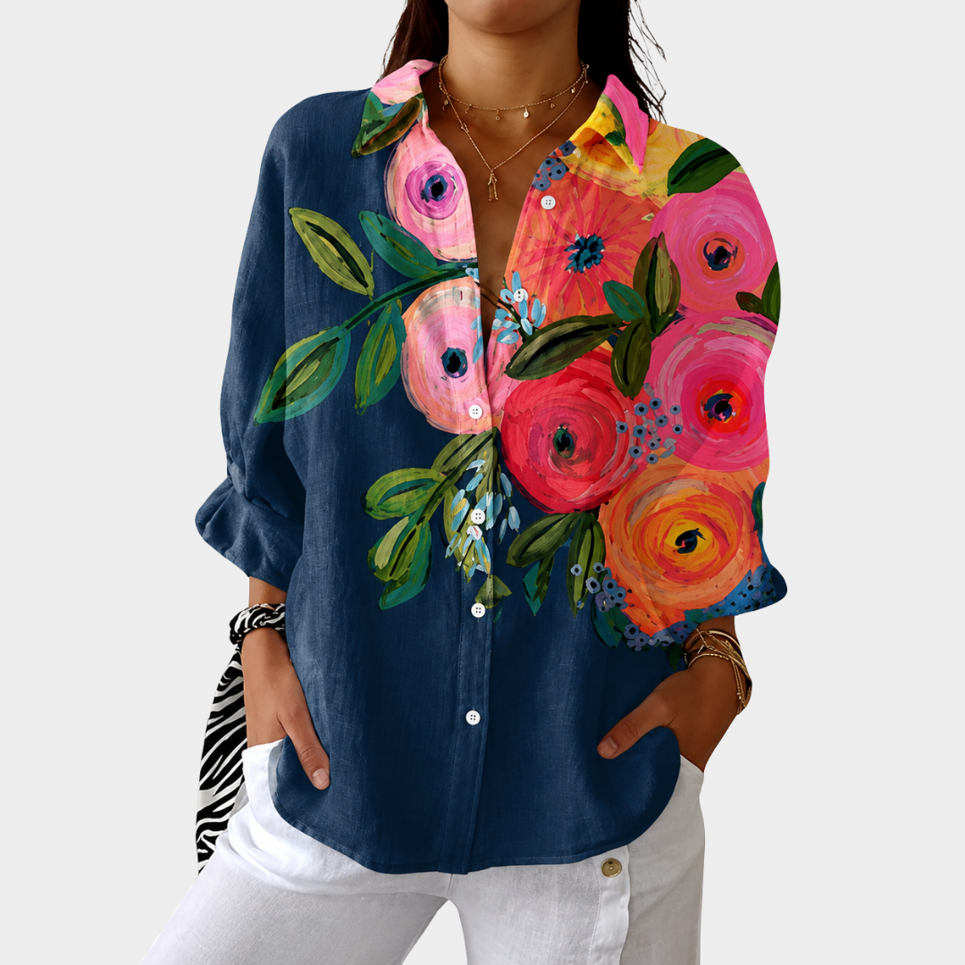 Women's Colorful Floral Print Button Front Blouse