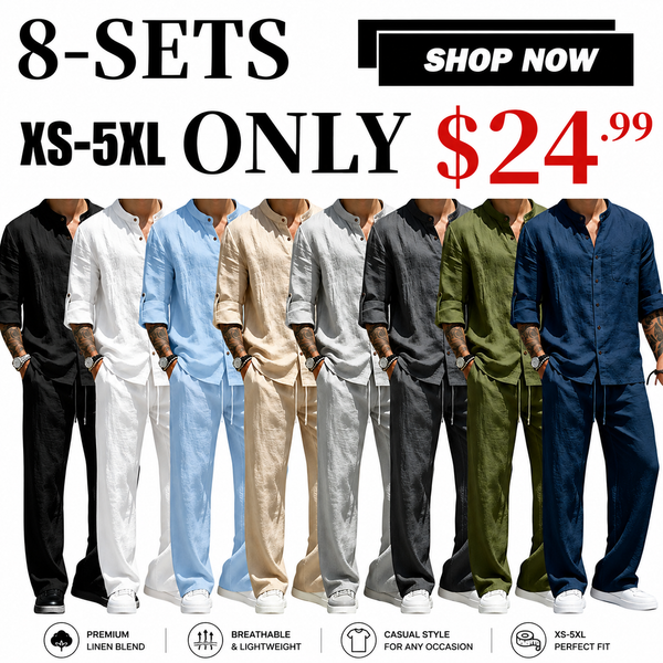 💝💝Men's Linen Stand Collar Long Sleeve Button Shirt & Straight Leg Belted Pants Set