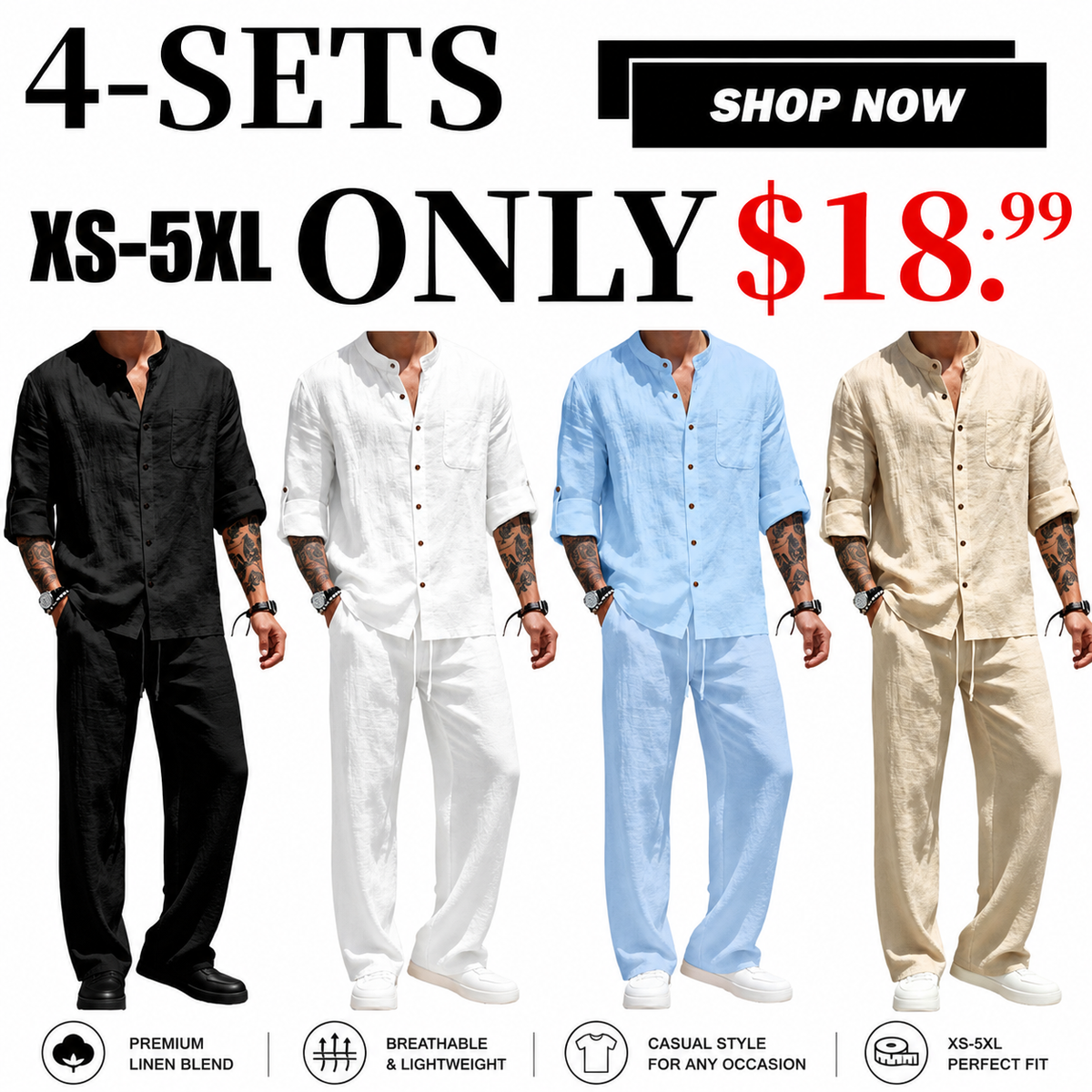 💝💝Men's Linen Stand Collar Long Sleeve Button Shirt & Straight Leg Belted Pants Set