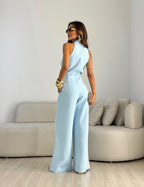 Women's Elegant Wide Leg Jumpsuit With Waist Tie