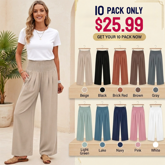 💝💝Women’s Linen Wide Leg Palazzo Pants – High Waist Boho Beach Vacation Lounge Pants