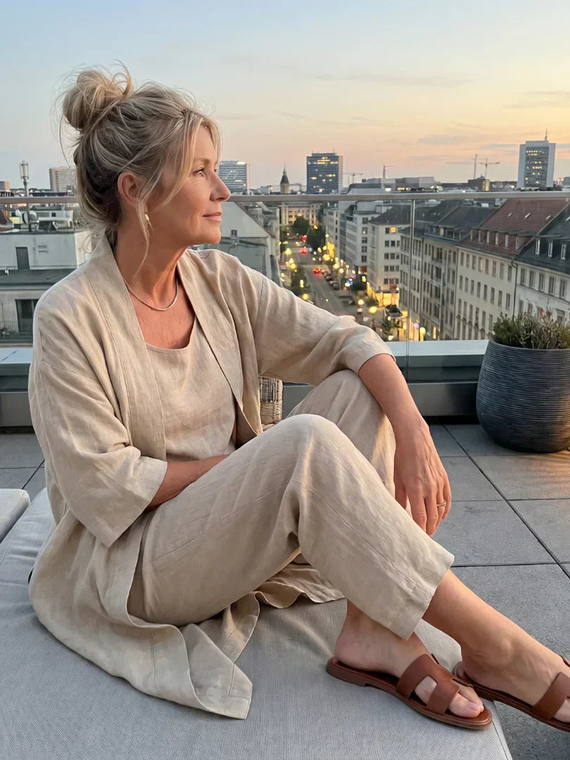 Women's Elegant 3 Piece Linen Set With Wide Leg Pants