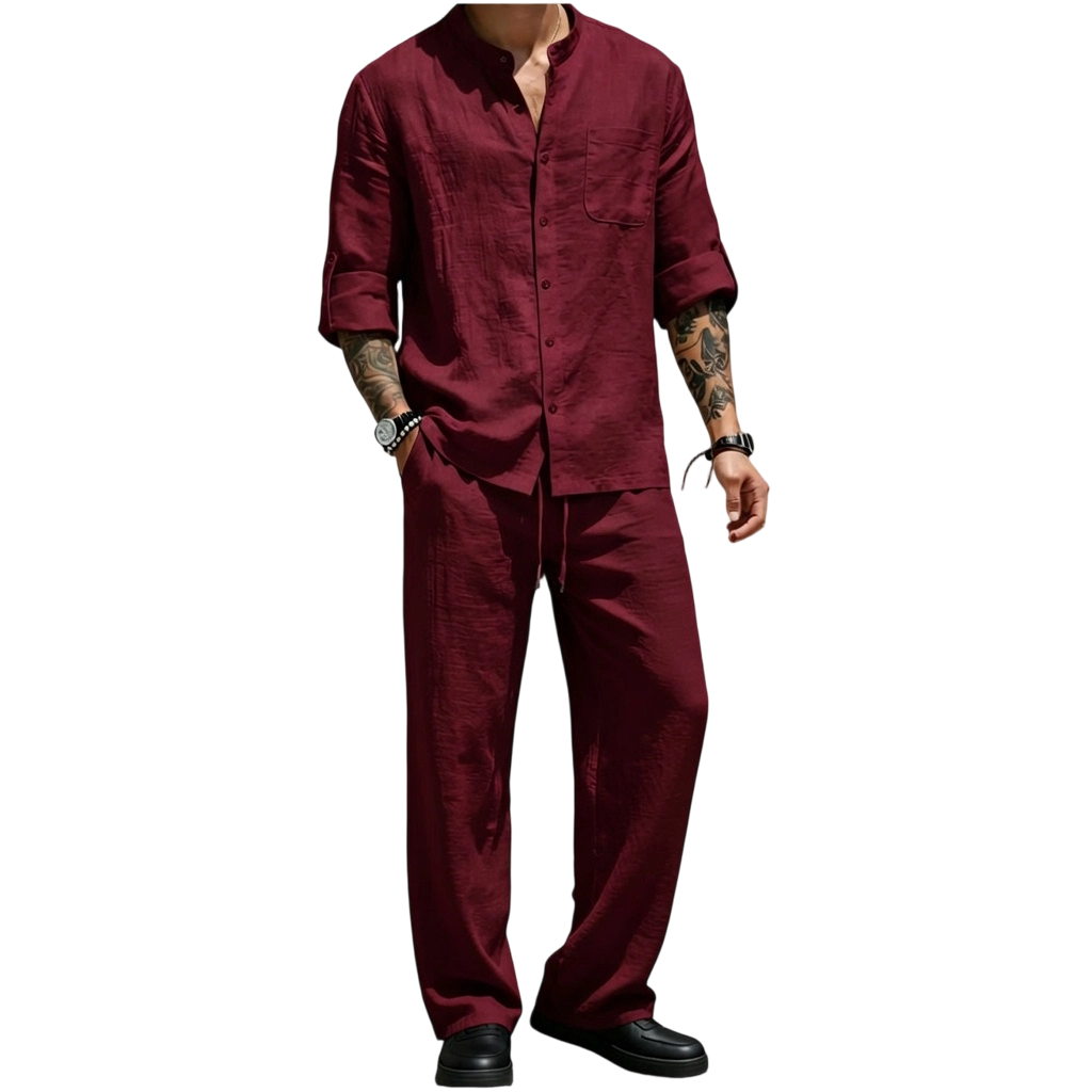 💝💝Men's Linen Stand Collar Long Sleeve Button Shirt & Straight Leg Belted Pants Set