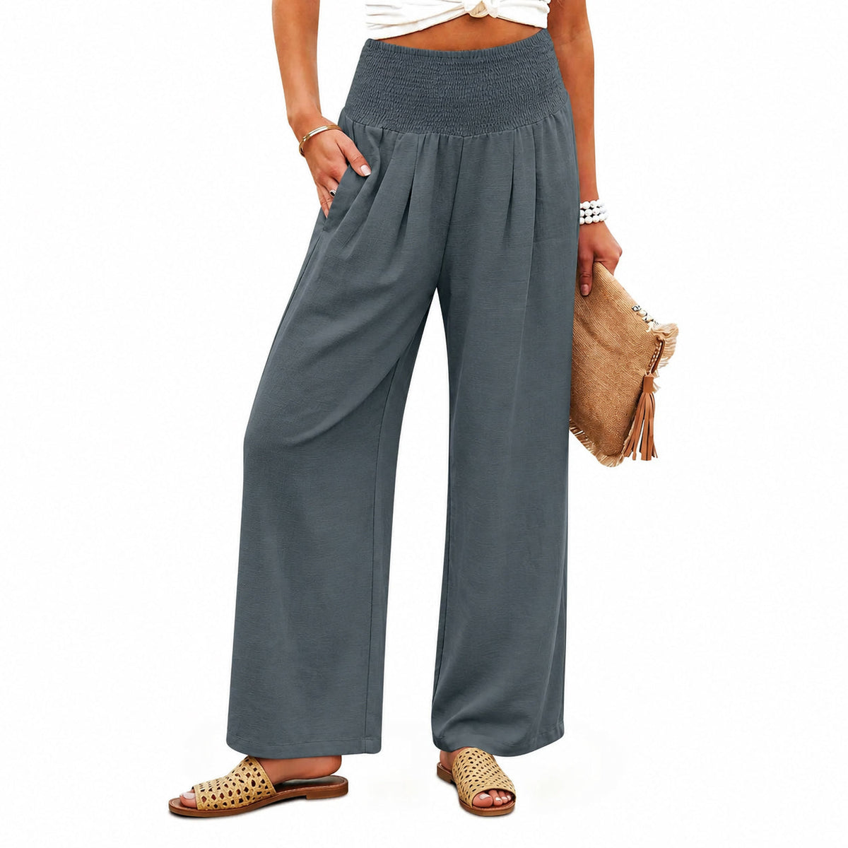💝💝Women’s Linen Wide Leg Palazzo Pants – High Waist Boho Beach Vacation Lounge Pants