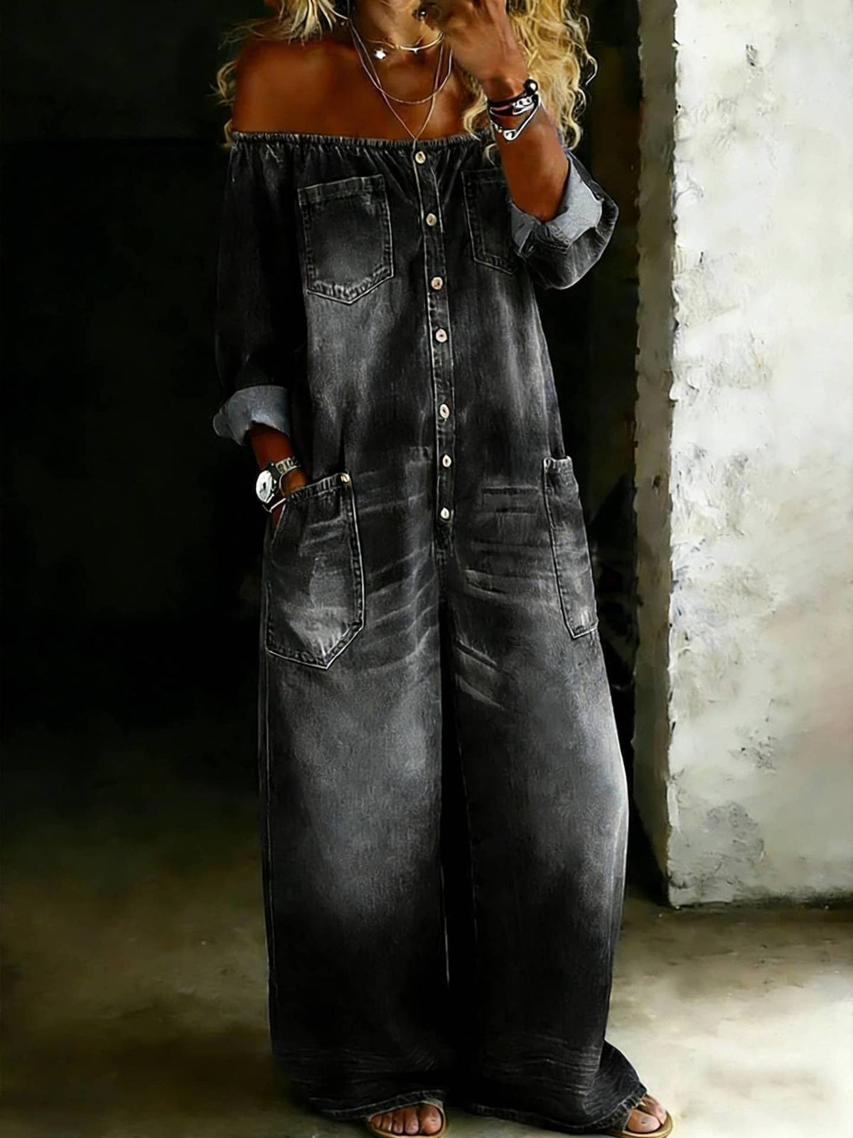 💝💝Women's Casual Long-sleeved Washed Cotton Denim Jumpsuit