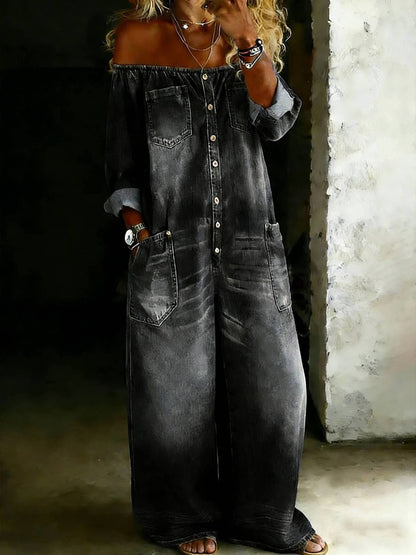 💝💝Women's Casual Long-sleeved Washed Cotton Denim Jumpsuit